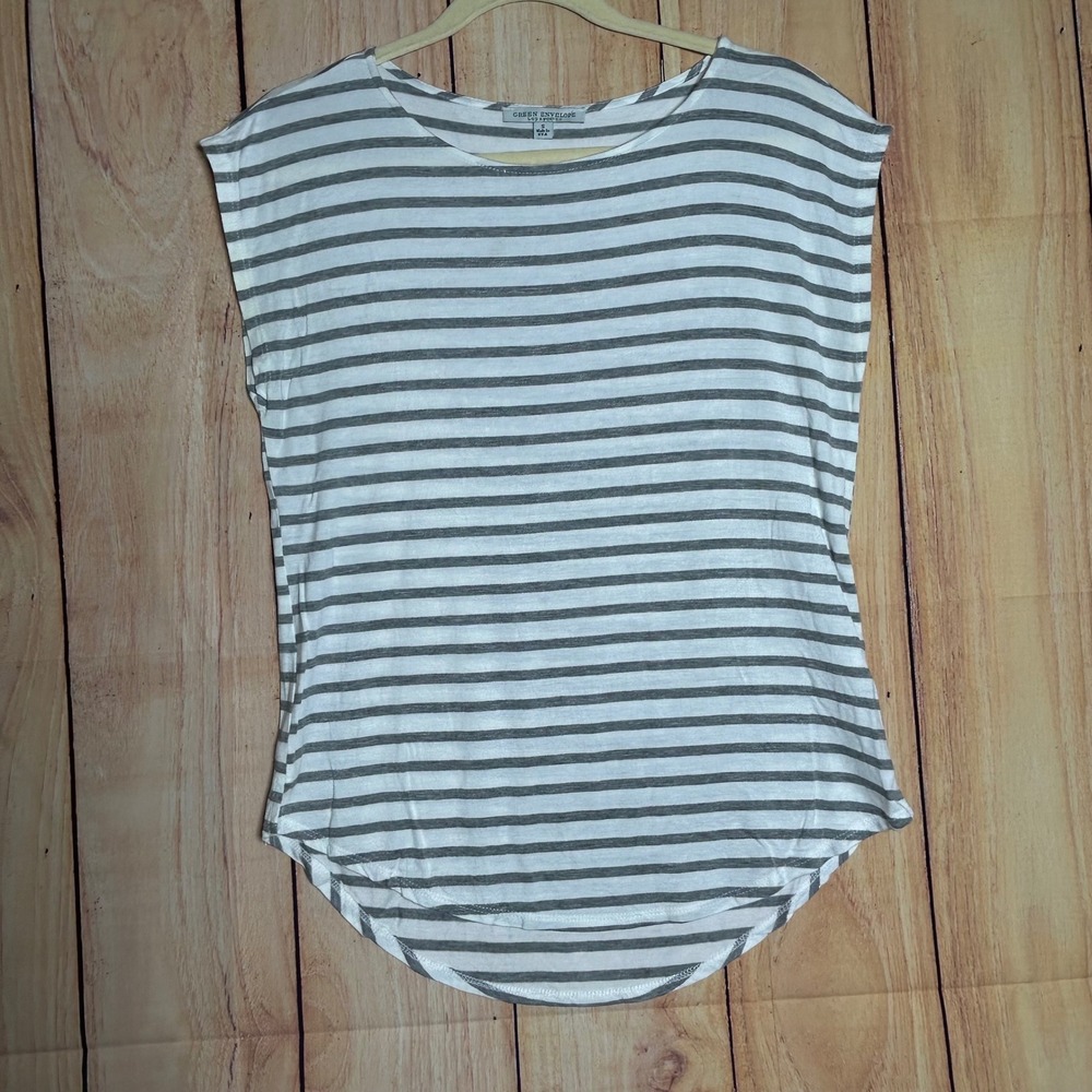 Green Envelope Striped Top Womens Small Grey White Sleeveless Nautical Casual‎